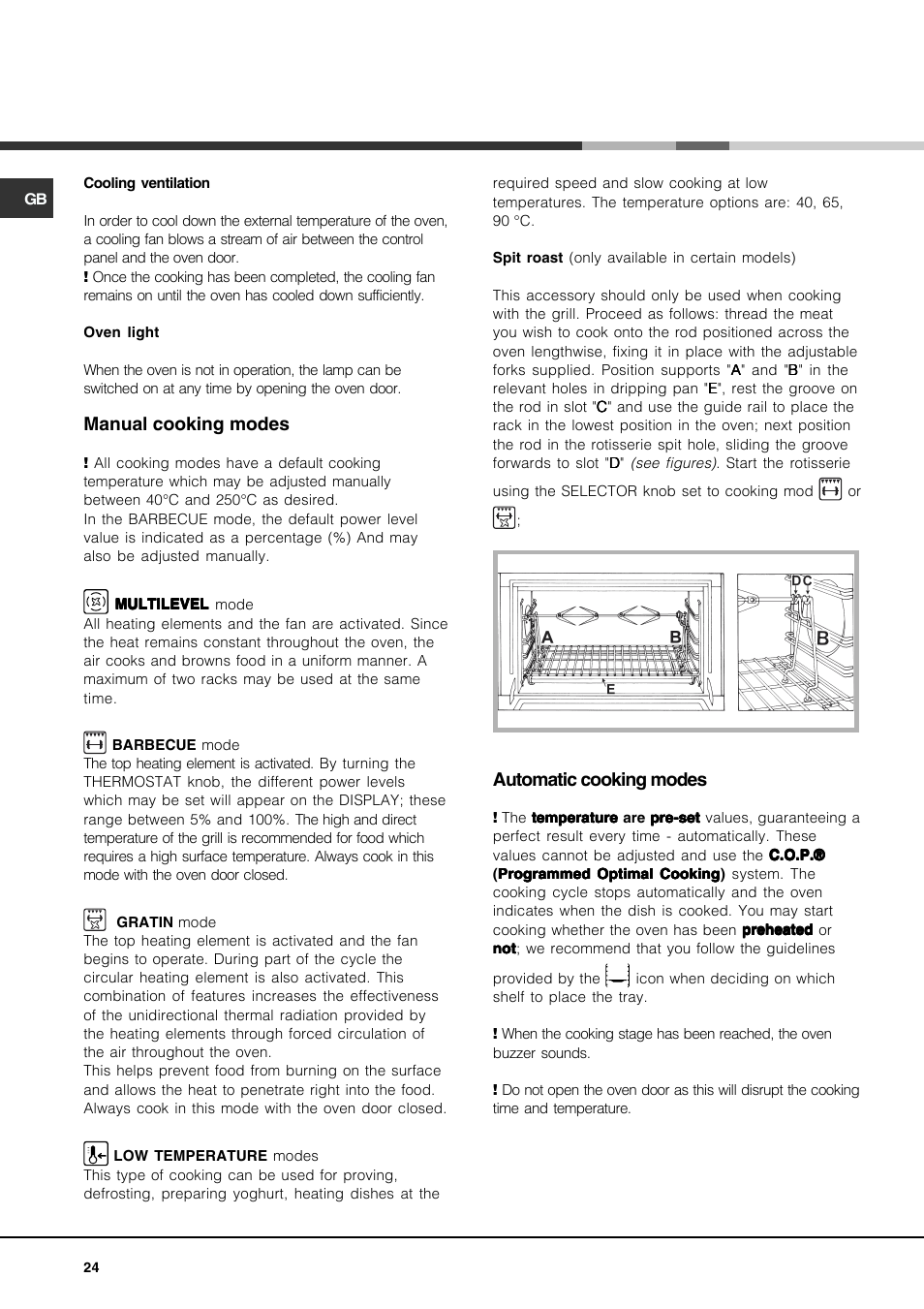 Automatic cooking modes, Manual cooking modes | Hotpoint Ariston CP97SEA-HA  User Manual | Page 24 / 76 | Original mode
