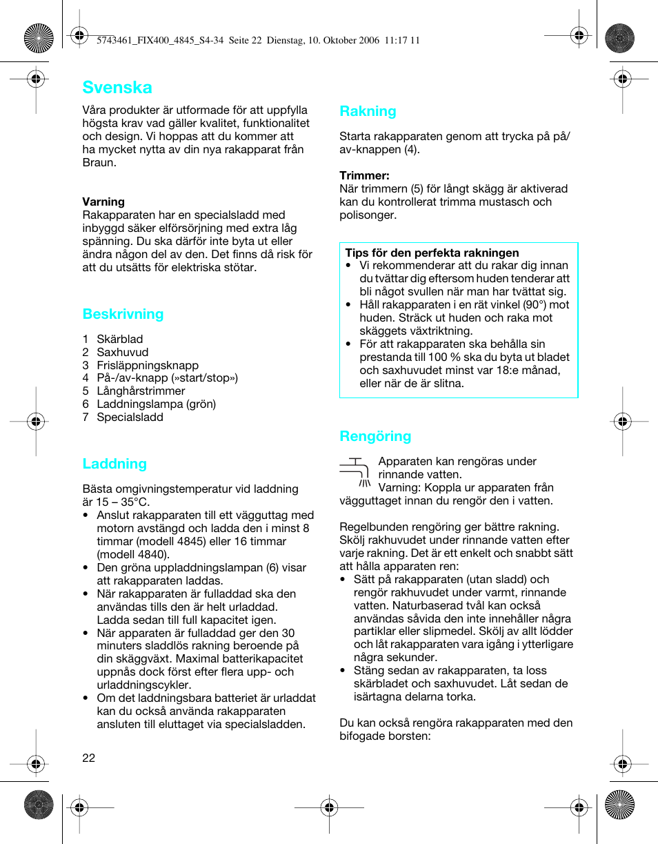 Svenska, Beskrivning, Laddning | Braun 4840 SmartControl3 User Manual |  Page 22 / 33