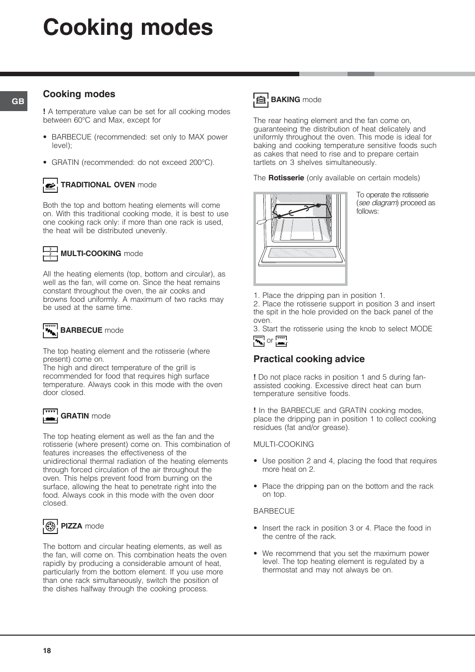Cooking modes, Practical cooking advice | Hotpoint Ariston Diamond FD 61.1  (SL)-HA User Manual | Page 18 / 72