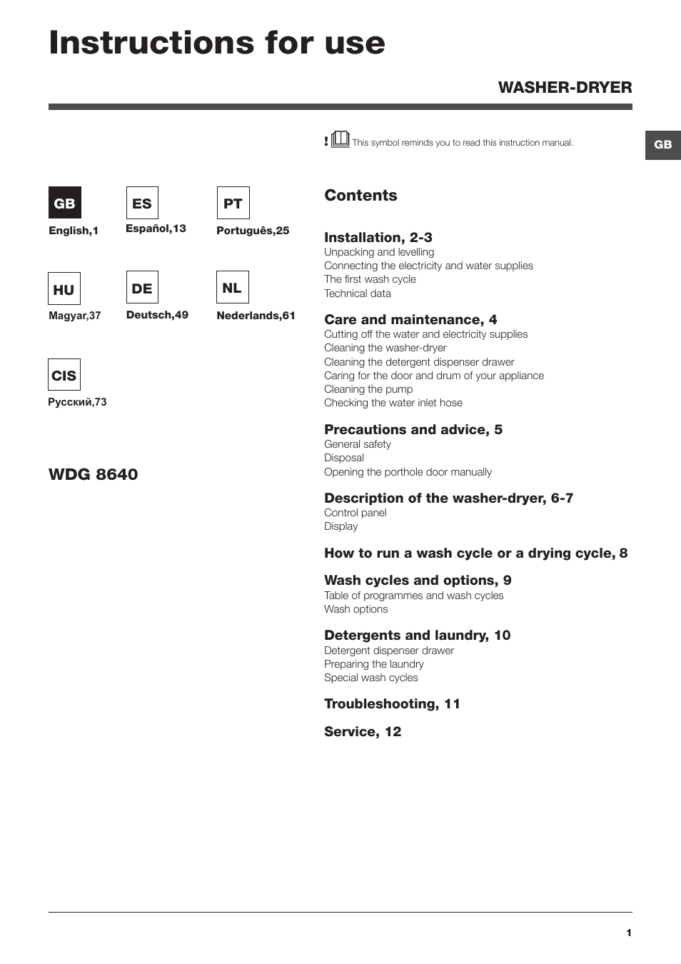 Hotpoint Ariston WDG 8640B EU User Manual | 84 pages
