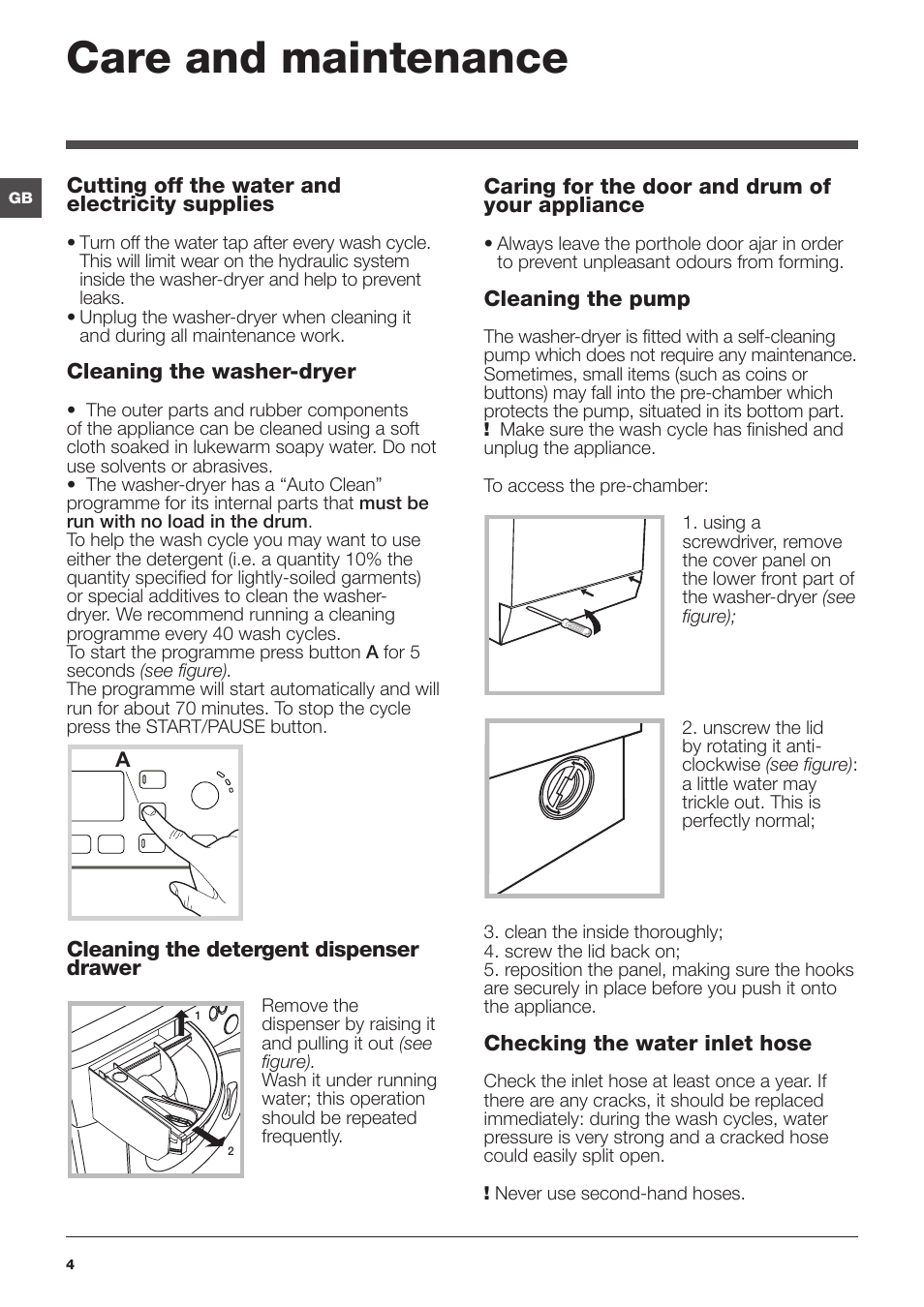 Care and maintenance | Hotpoint Ariston WDG 8640B EU User Manual | Page 4 /  84