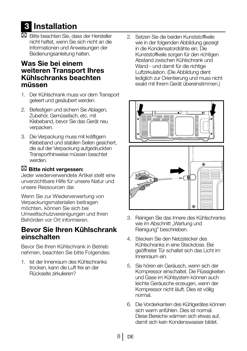 3installation, Bevor sie ihren kühlschrank einschalten | Beko GNE V222 S  User Manual | Page 63 / 83