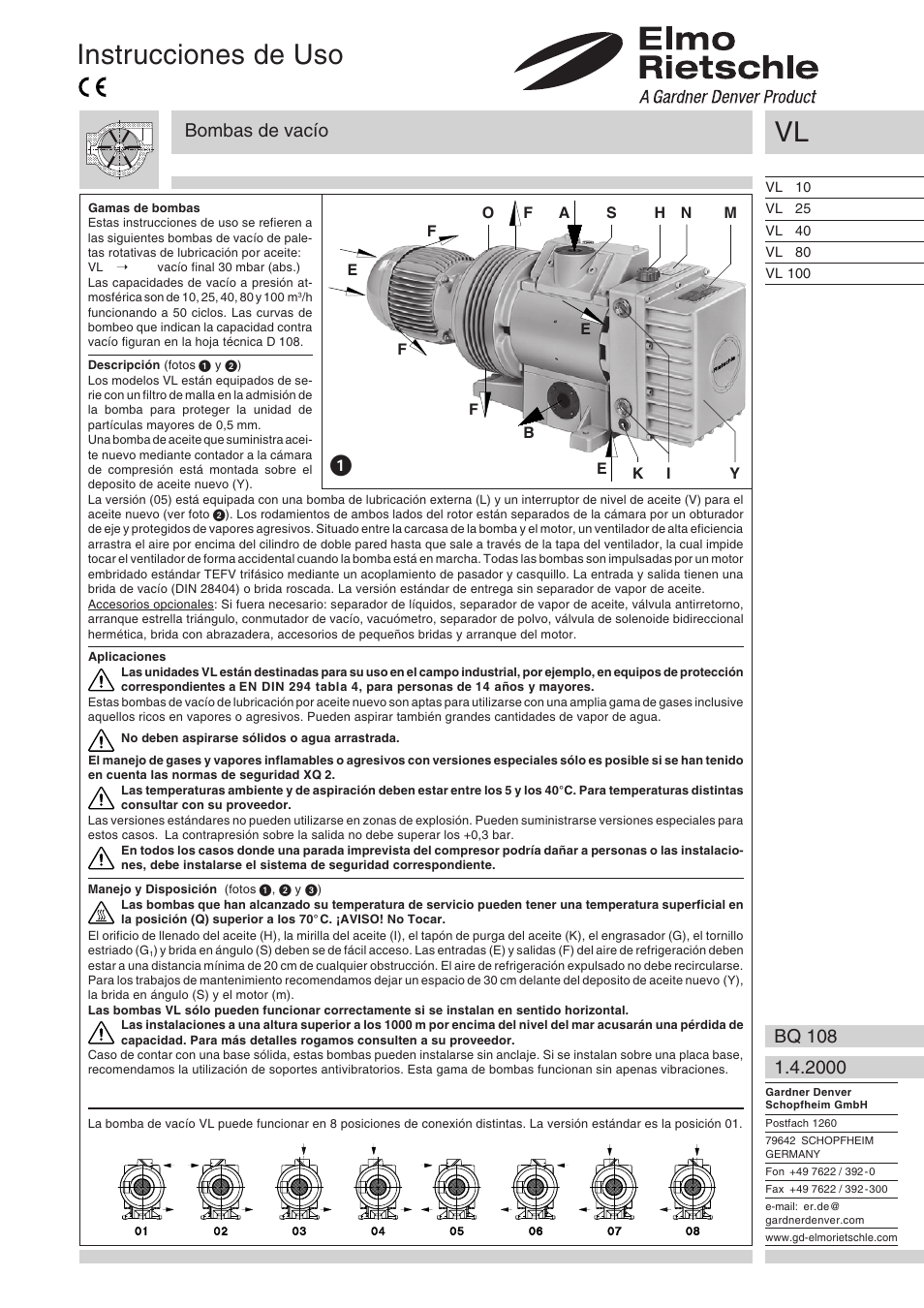 Español, Instrucciones de uso, Bombas de vacío | Elmo Rietschle V-VL  10/25/40/80/100 User Manual | Page 25 / 32 | Original mode