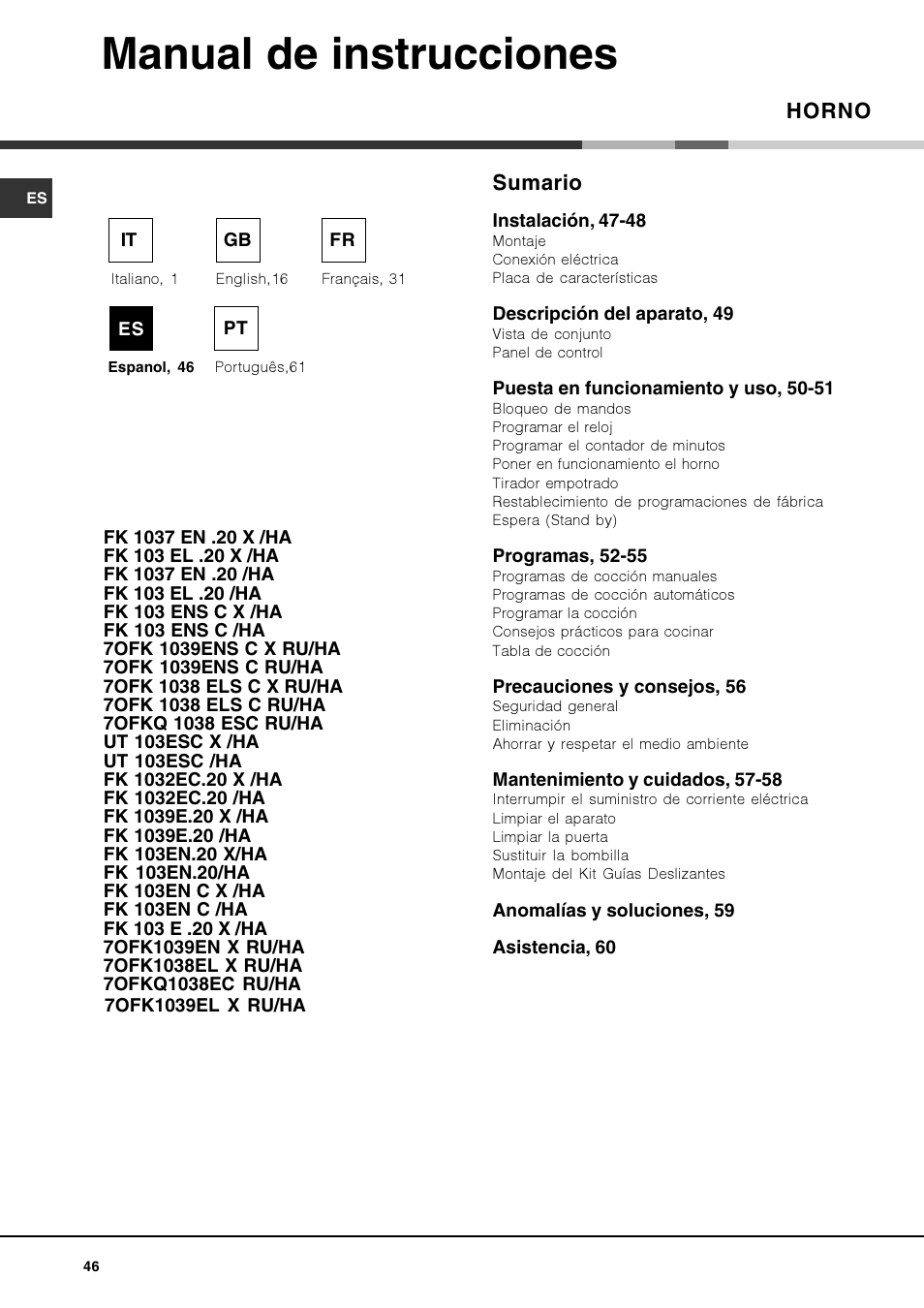 Manual de instrucciones, Horno sumario | Hotpoint Ariston Luce FK 103E.20  X-HA User Manual | Page 46 / 76