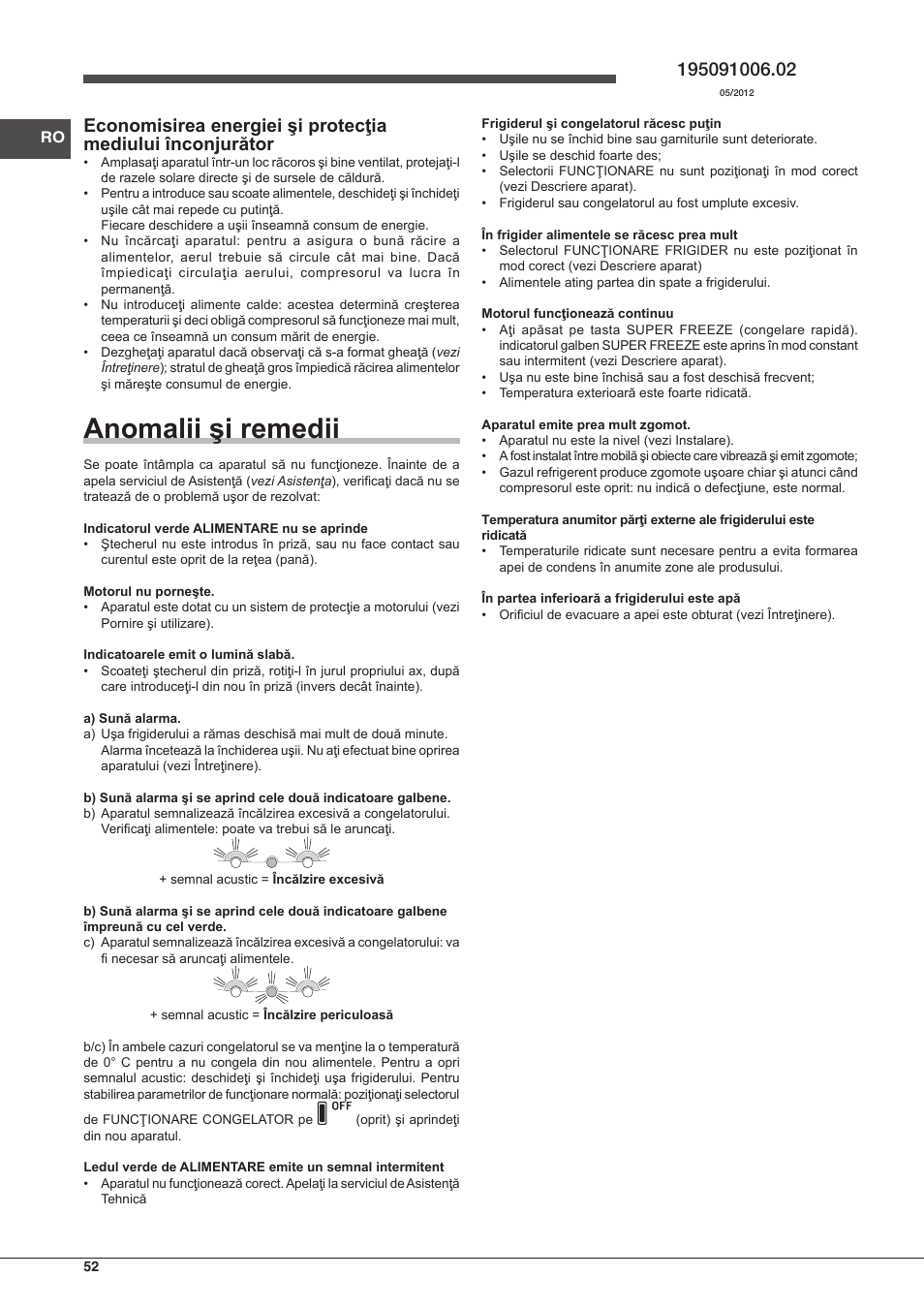 Anomalii şi remedii | Hotpoint Ariston SBLxxxxNF User Manual | Page 52 / 52