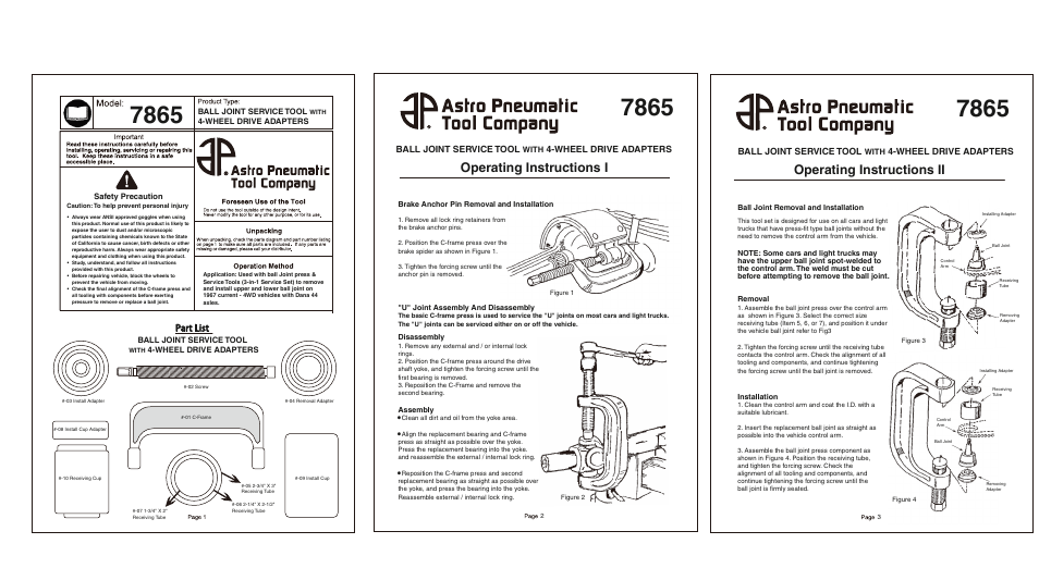 Astro Pneumatic 7865 Ball Joint Service Tool with 4-wheel Drive Adapters  User Manual