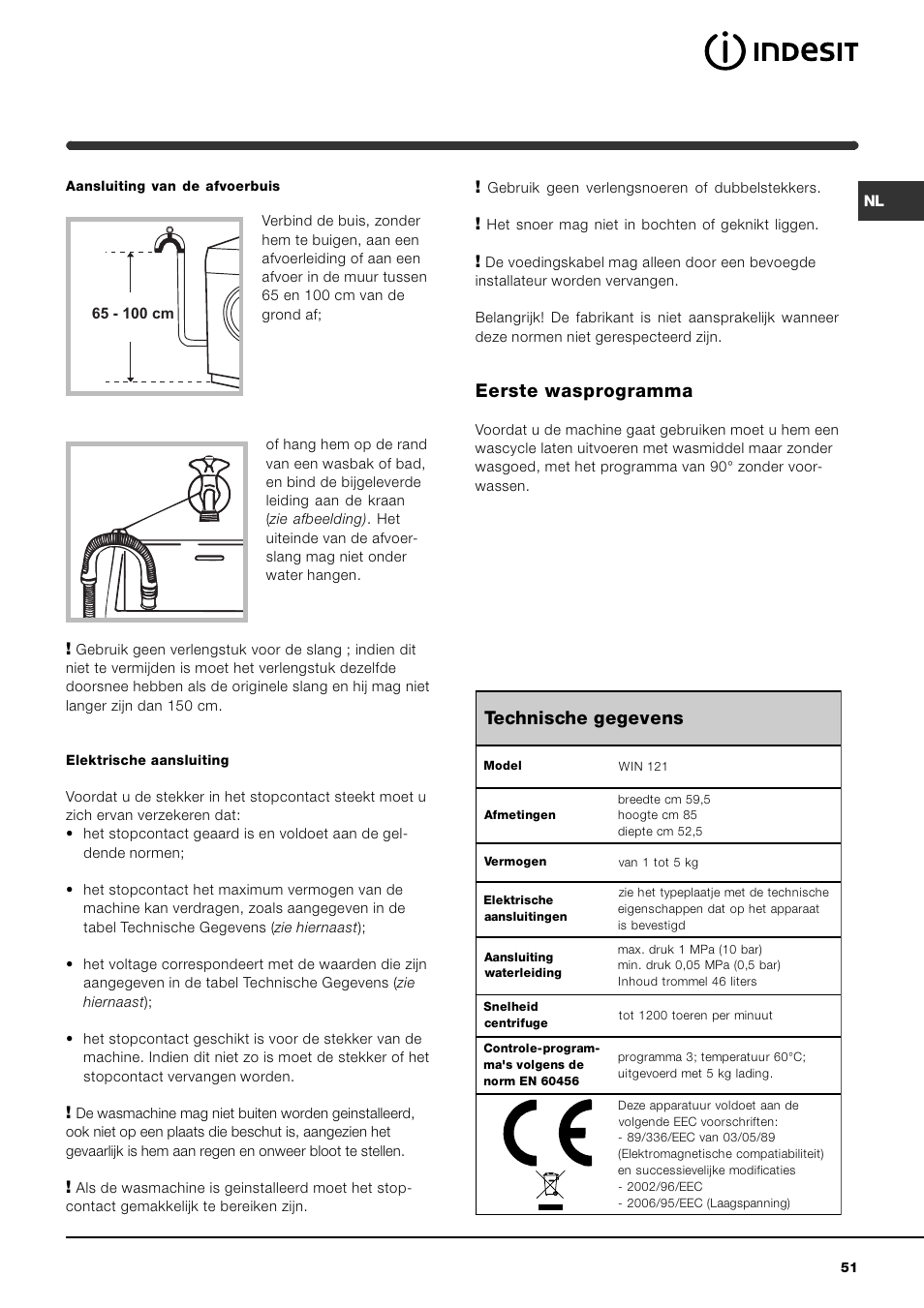 Eerste wasprogramma, Technische gegevens | Indesit WIN 121 User Manual |  Page 51 / 72 | Original mode