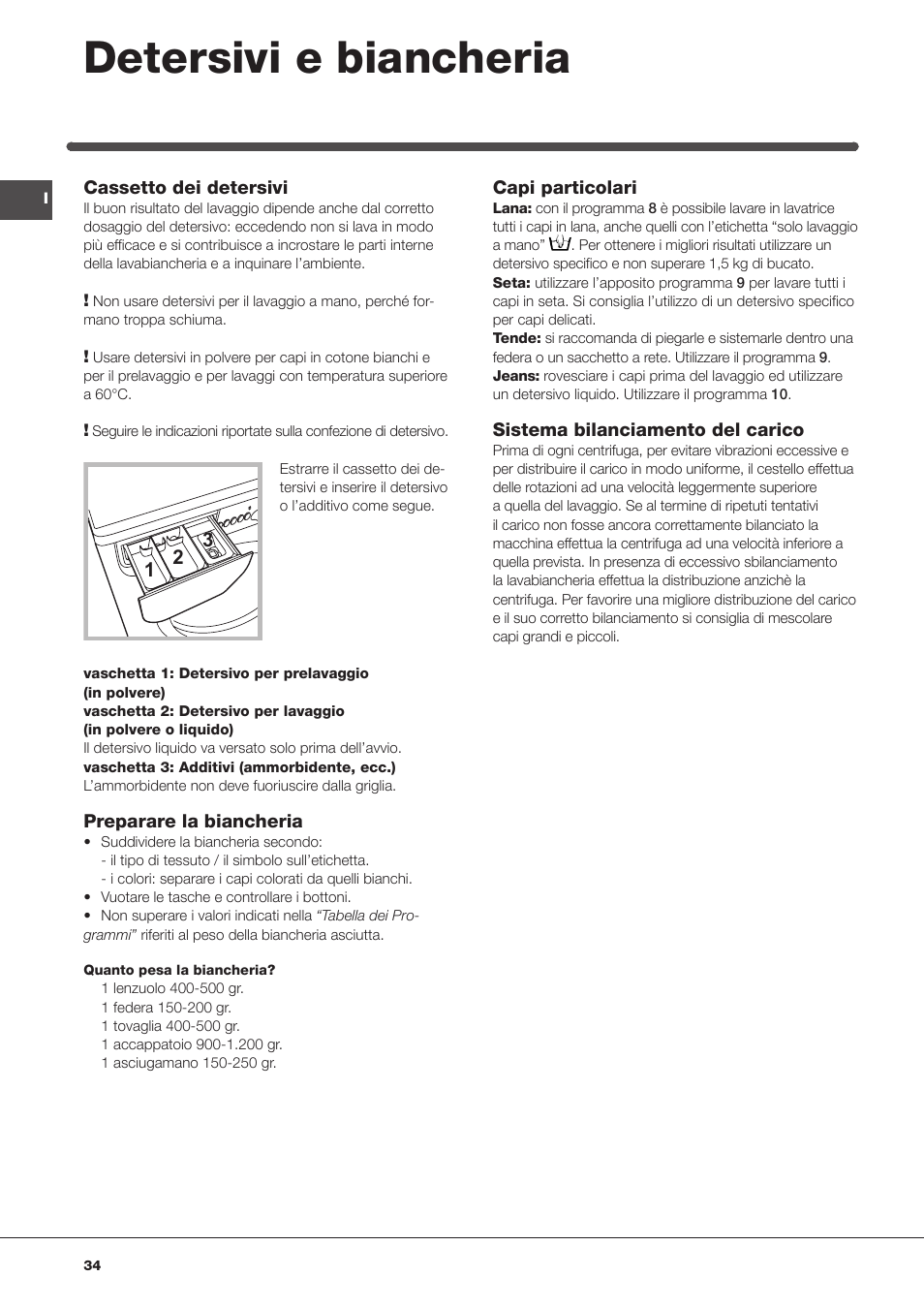Detersivi e biancheria | Indesit IWB 5125 User Manual | Page 34 / 48