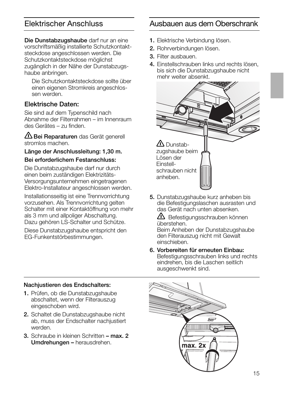 Ausbauen aus dem oberschrank, Elektrischer anschluss | Neff D4972X0 User  Manual | Page 15 / 96