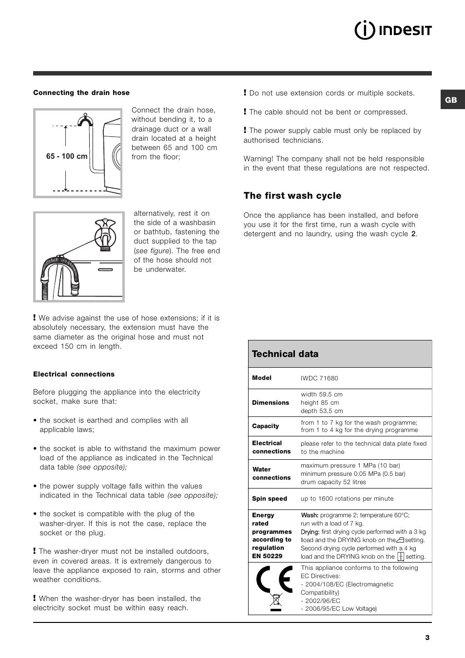 Technical data, The first wash cycle | Indesit IWDC 71680 User Manual |  Page 3 / 84 | Original mode