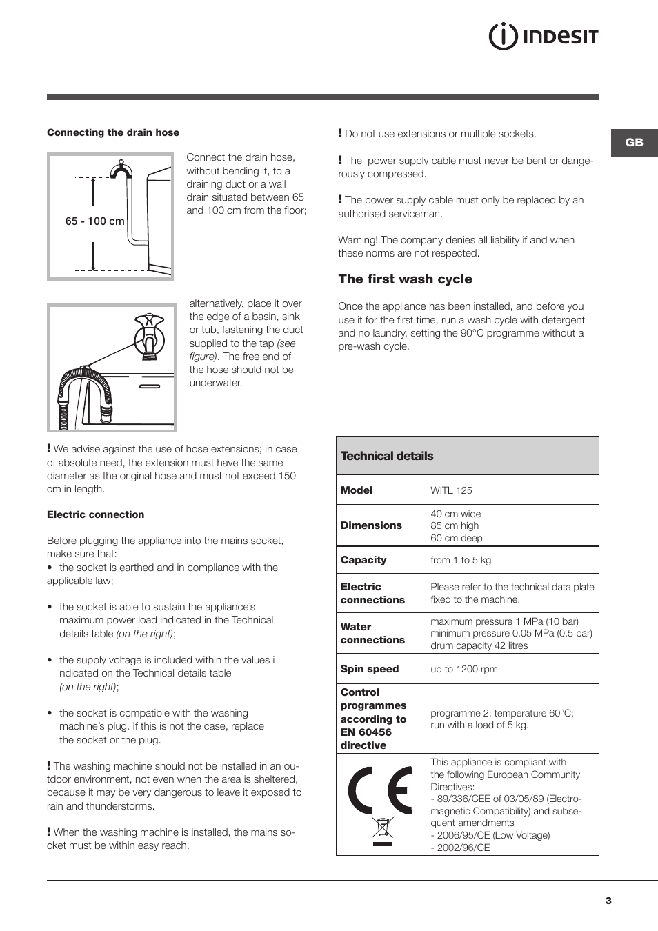The first wash cycle | Indesit WITL 125 User Manual | Page 3 / 72 |  Original mode