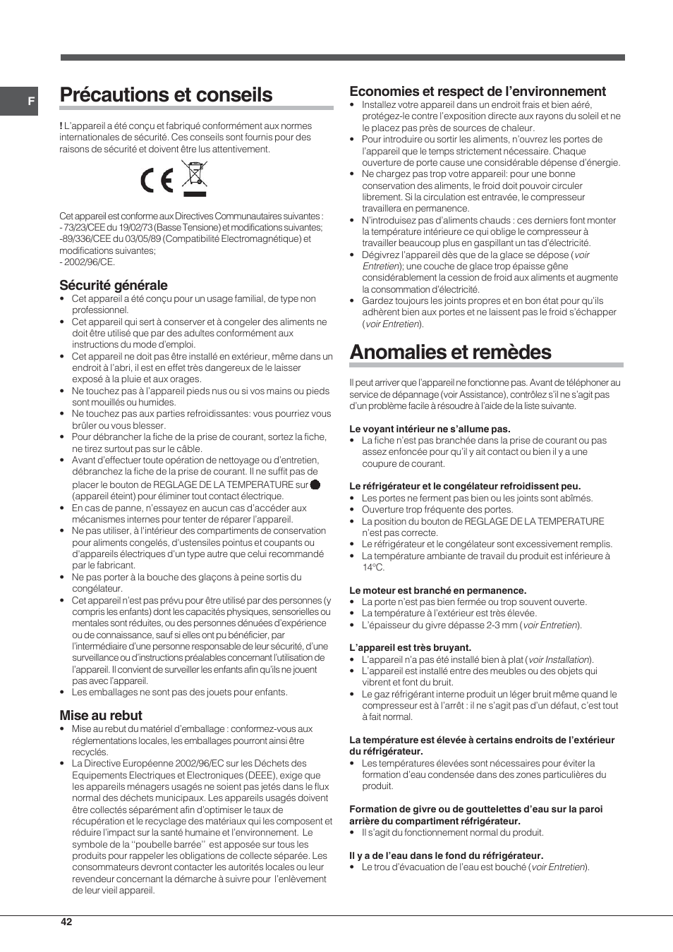 Précautions et conseils, Anomalies et remèdes, Sécurité générale | Indesit  RAA 24 N User Manual | Page 42 / 52 | Original mode