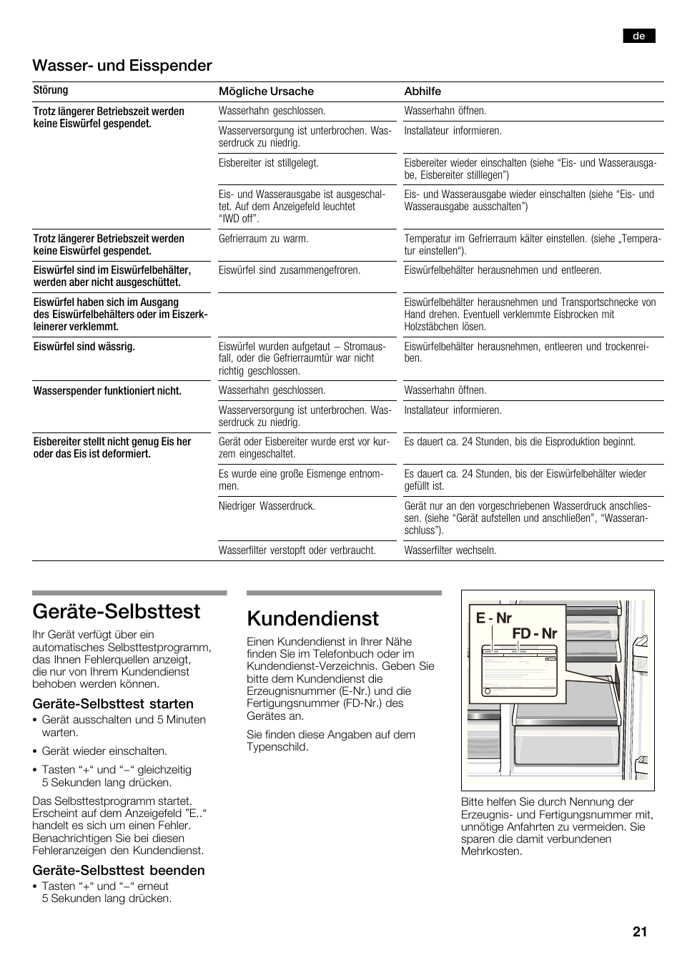 Gerätećselbsttest, Kundendienst, Wasserć und eisspender | Neff K5920D1 User  Manual | Page 21 / 98