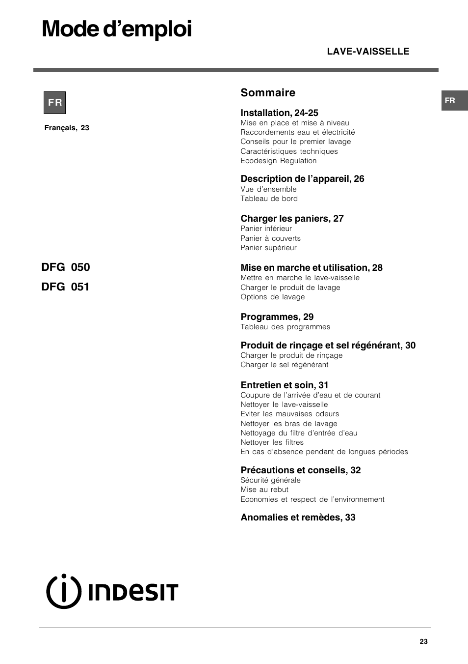 Mode d'emploi, Sommaire | Indesit DFG 051 User Manual | Page 23 / 80 |  Original mode