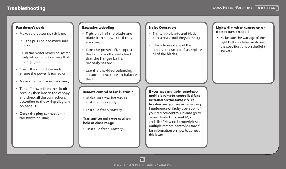 Troubleshooting | Hunter 59039 54 Windemere User Manual | Page 18 / 18