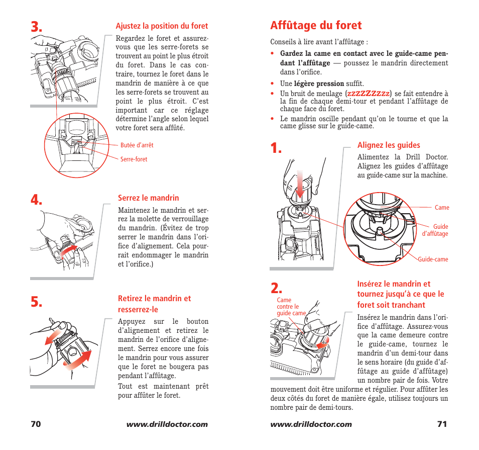 Affûtage du foret | Drill Doctor 750X User Manual | Page 37 / 48 | Original  mode