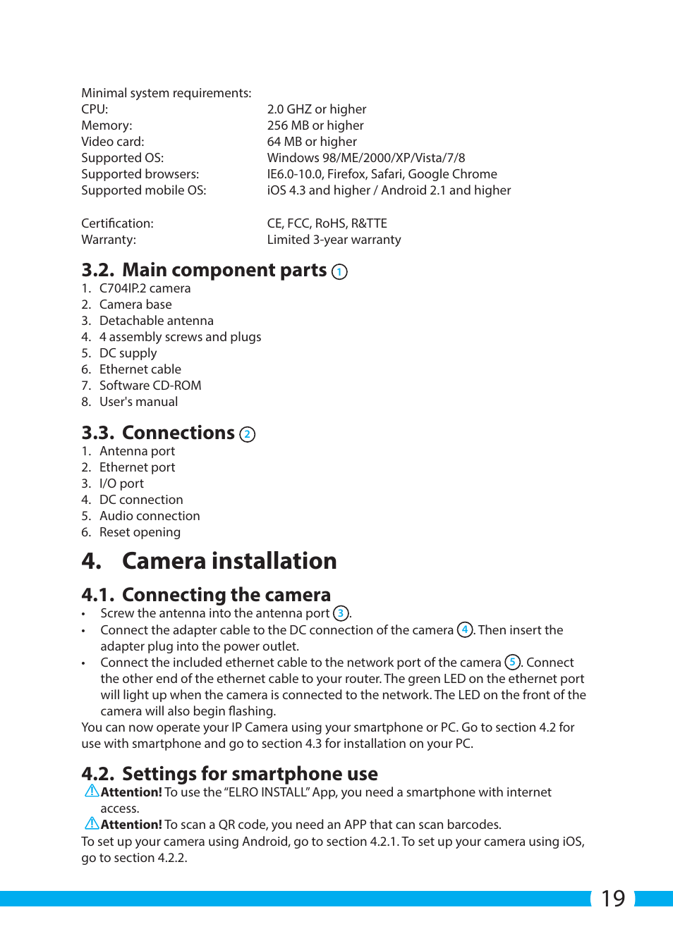 Camera installation, Main component parts, Connections | ELRO C704IP.2 WiFi  network pt camera User Manual | Page 19 / 140