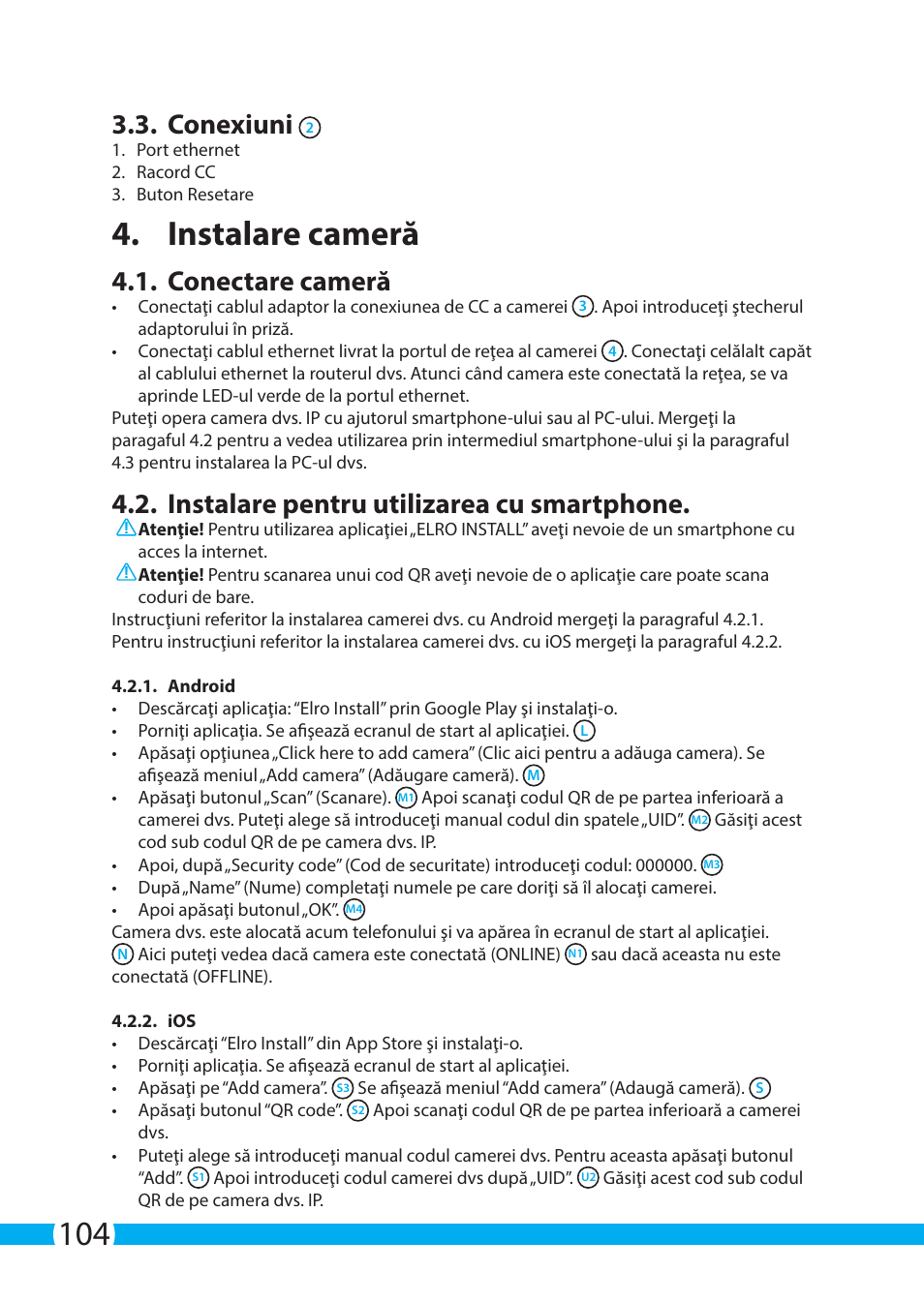 Instalare cameră, Conexiuni, Conectare cameră | ELRO C803IP.2 Plug & play  network camera User Manual | Page 104 / 128