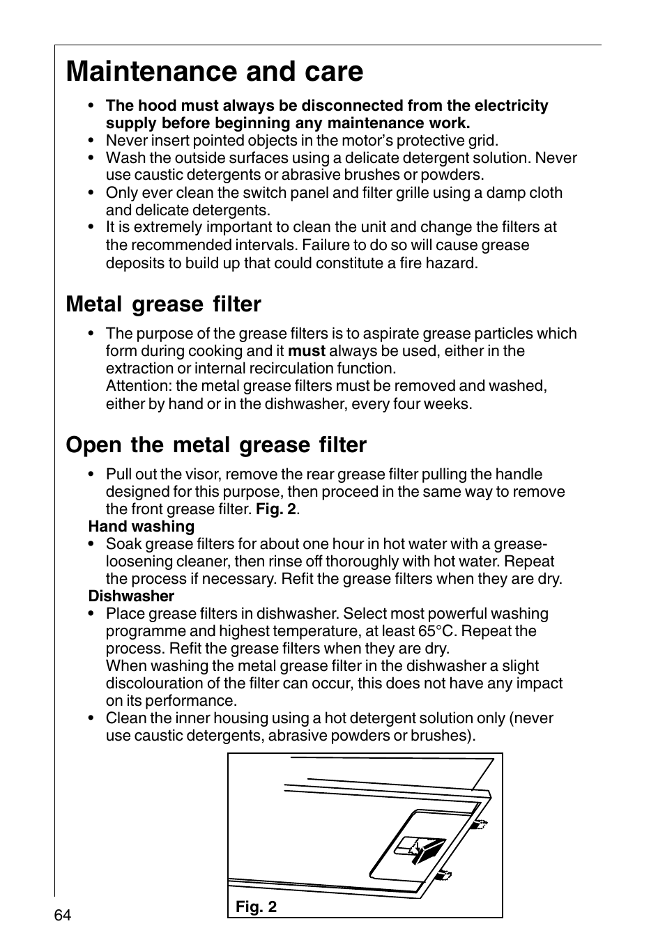 Maintenance and care, Metal grease filter, Open the metal grease filter |  AEG COOKER HOOD DF6260-ML/1 User Manual | Page 64 / 80 | Original mode