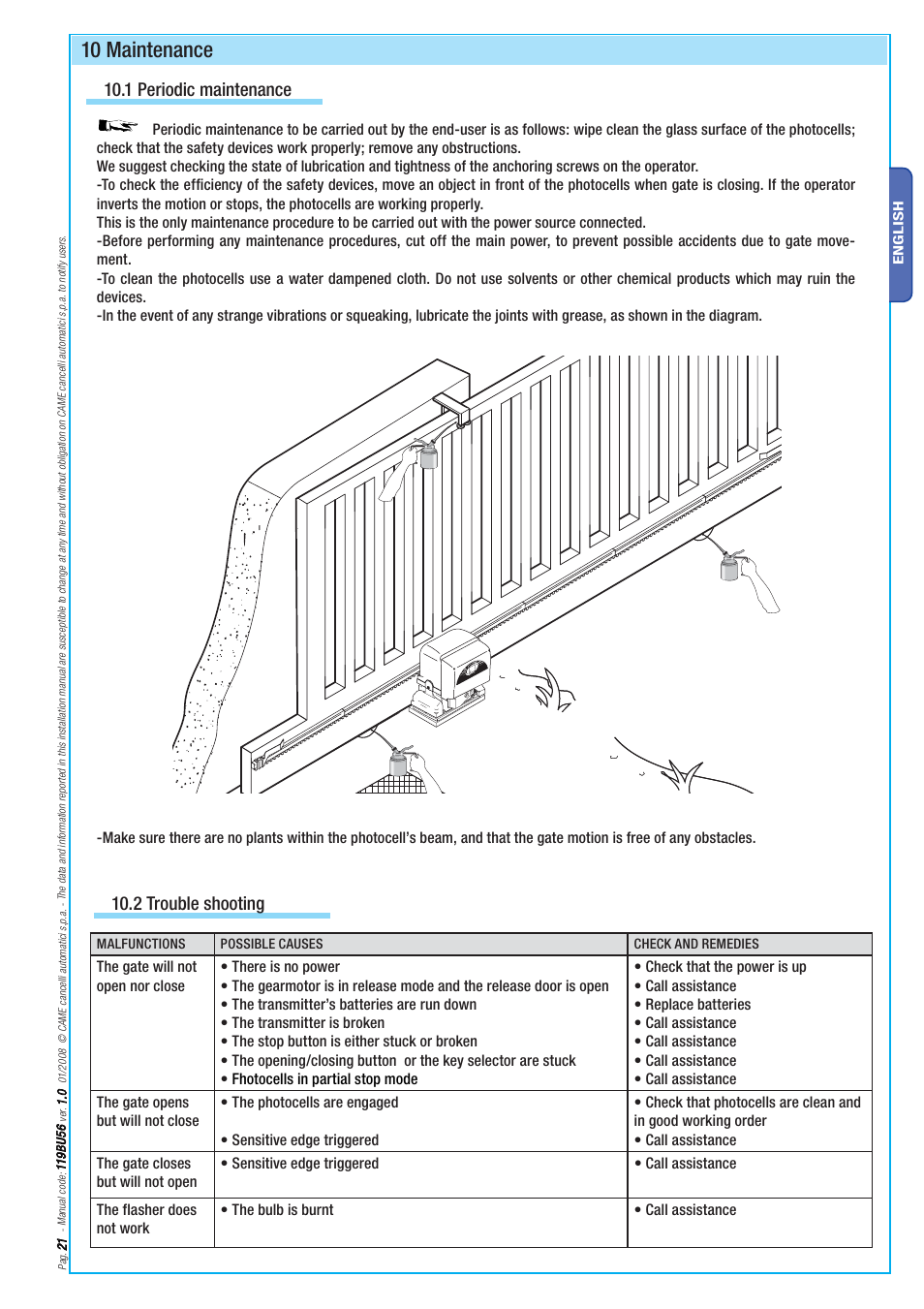 10 maintenance, 1 periodic maintenance, 2 trouble shooting | CAME BX-78 Kit  User Manual | Page 21 / 24