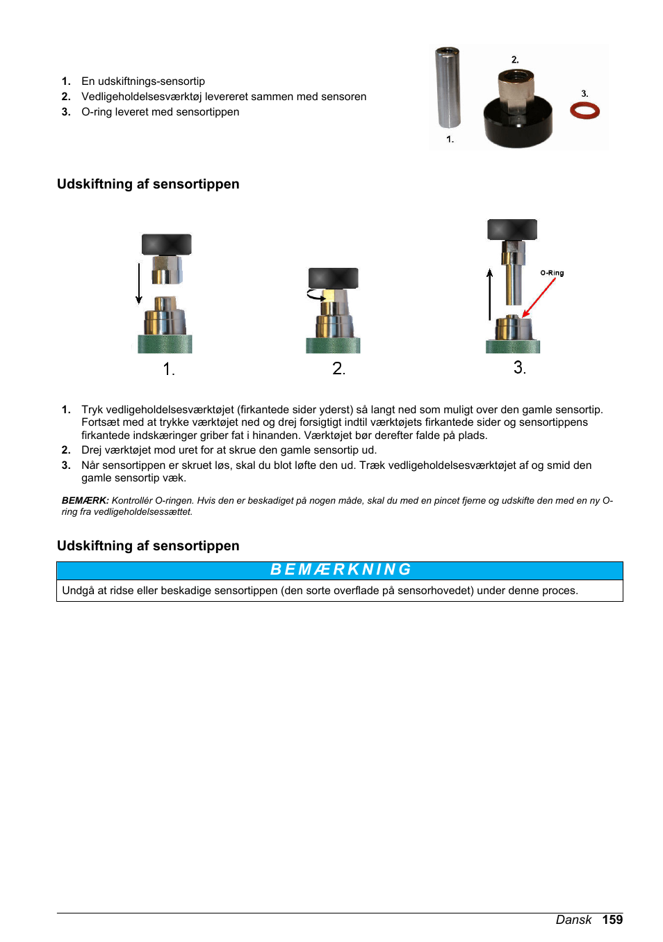 Udskiftning af sensortippen | Hach-Lange ORBISPHERE KM1100 Basic User  Manual User Manual | Page 159 / 350