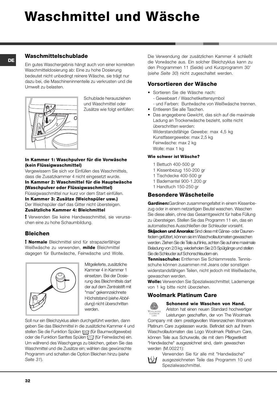 Waschmittel und wäsche, Waschmittelschublade, Bleichen | Ariston AVSD 109  User Manual | Page 32 / 84