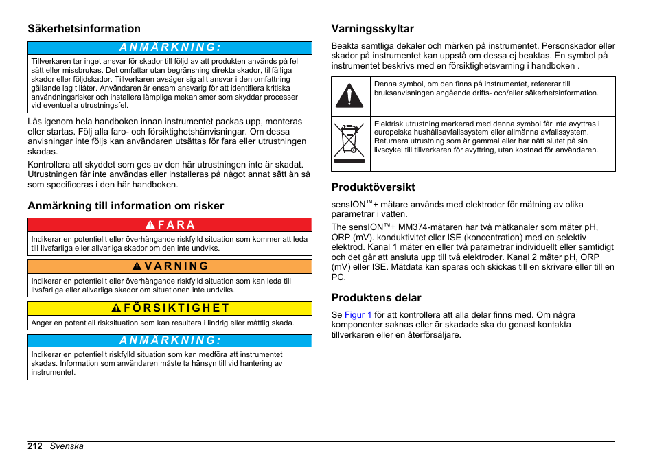 Säkerhetsinformation, Anmärkning till information om risker,  Varningsskyltar | Hach-Lange SENSION+ MM374 User Manual | Page 212 / 490 |  Original mode