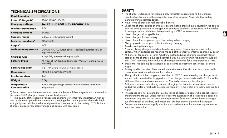 Safety, Technical specifications | CTEK MXS 5.0 User Manual | Page 5 / 6 |  Original mode
