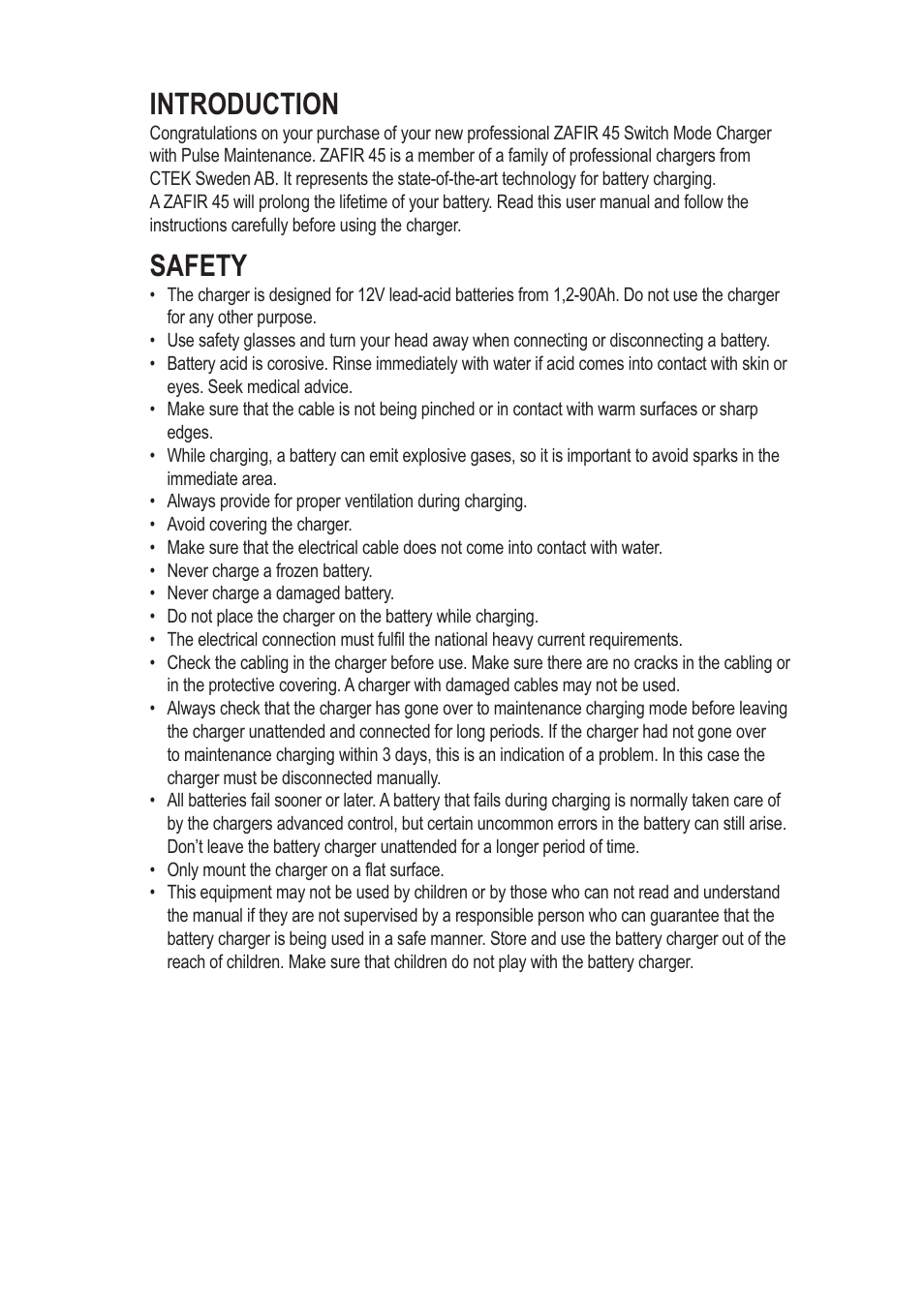 Introduction, Safety | CTEK ZAFIR 45 User Manual | Page 2 / 7