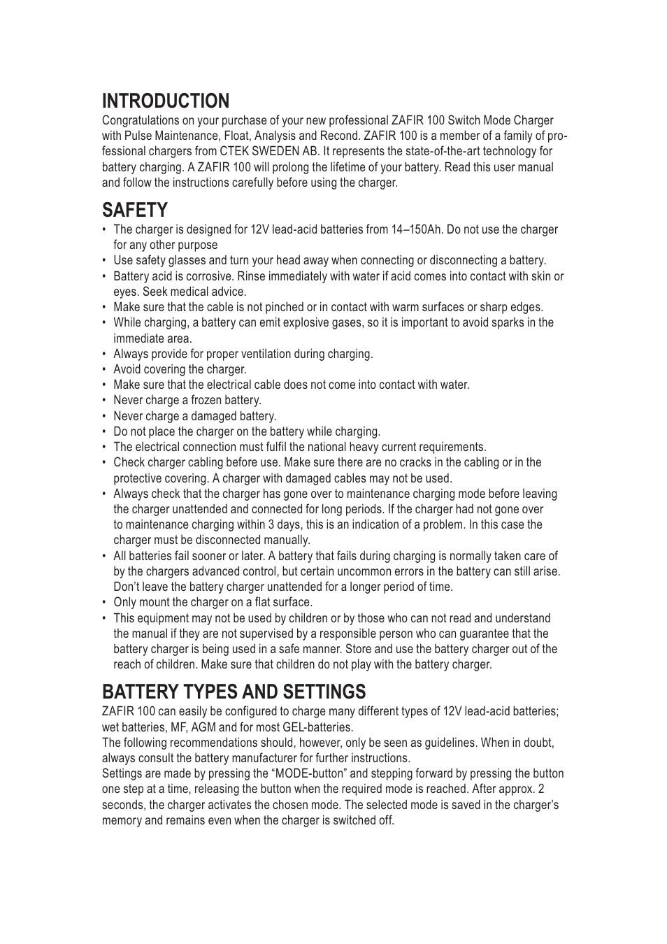 Introduction, Safety, Battery types and settings | CTEK ZAFIR 100 User  Manual | Page 2 / 9