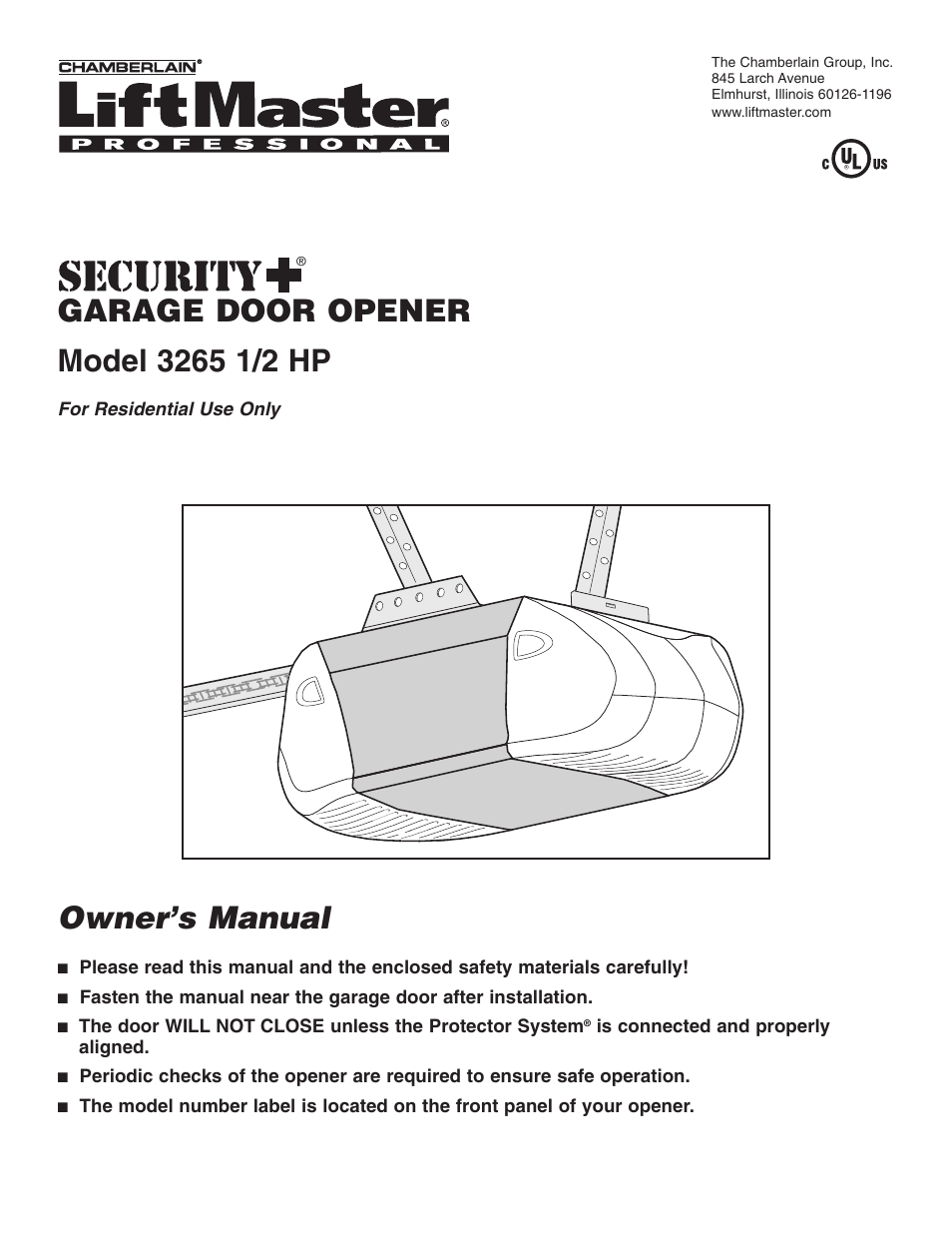 Chamberlain 3265 1/2 HP User Manual | 36 pages