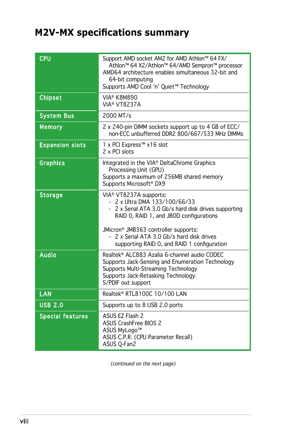 M2v-mx specifications summary | Asus Motherboard M2V-MX User Manual | Page  8 / 90 | Original mode