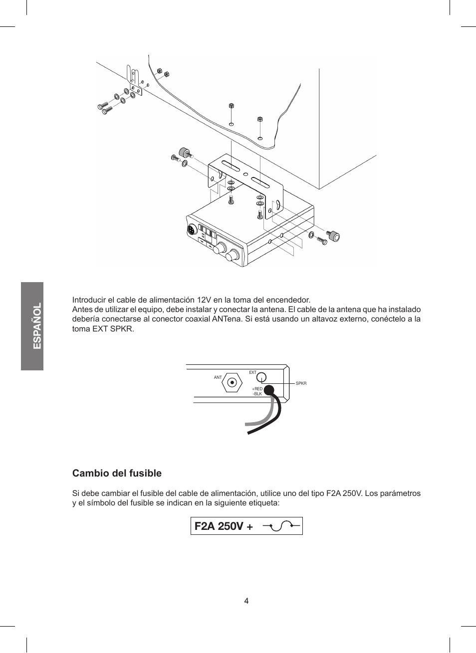 F2a 250v, Esp añol, Cambio del fusible | MIDLAND 200 User Manual | Page 28  / 72 | Original mode