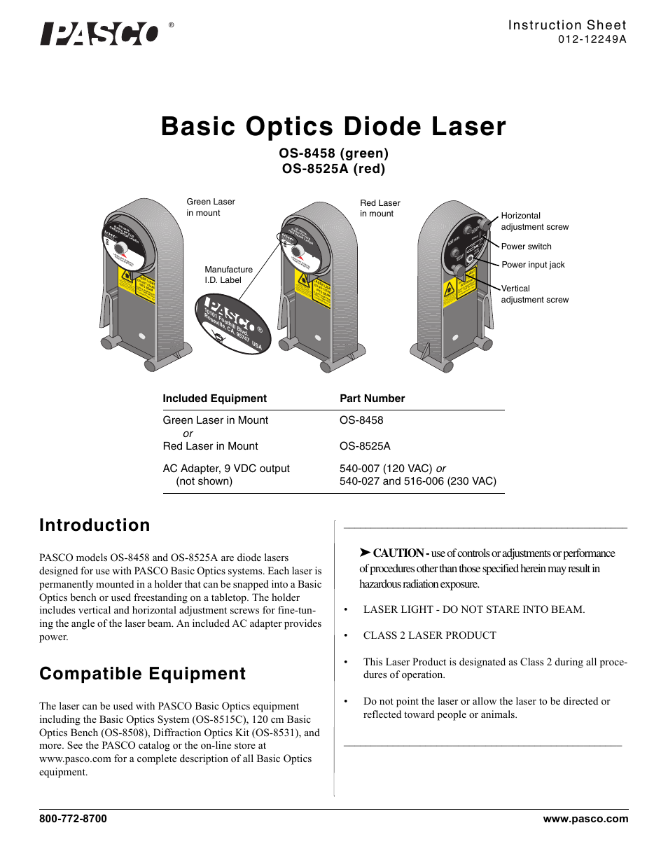 PASCO OS-8525A Basic Optics Diode Laser User Manual | 2 pages | Also for: OS-8458  Basic Optics Diode Laser