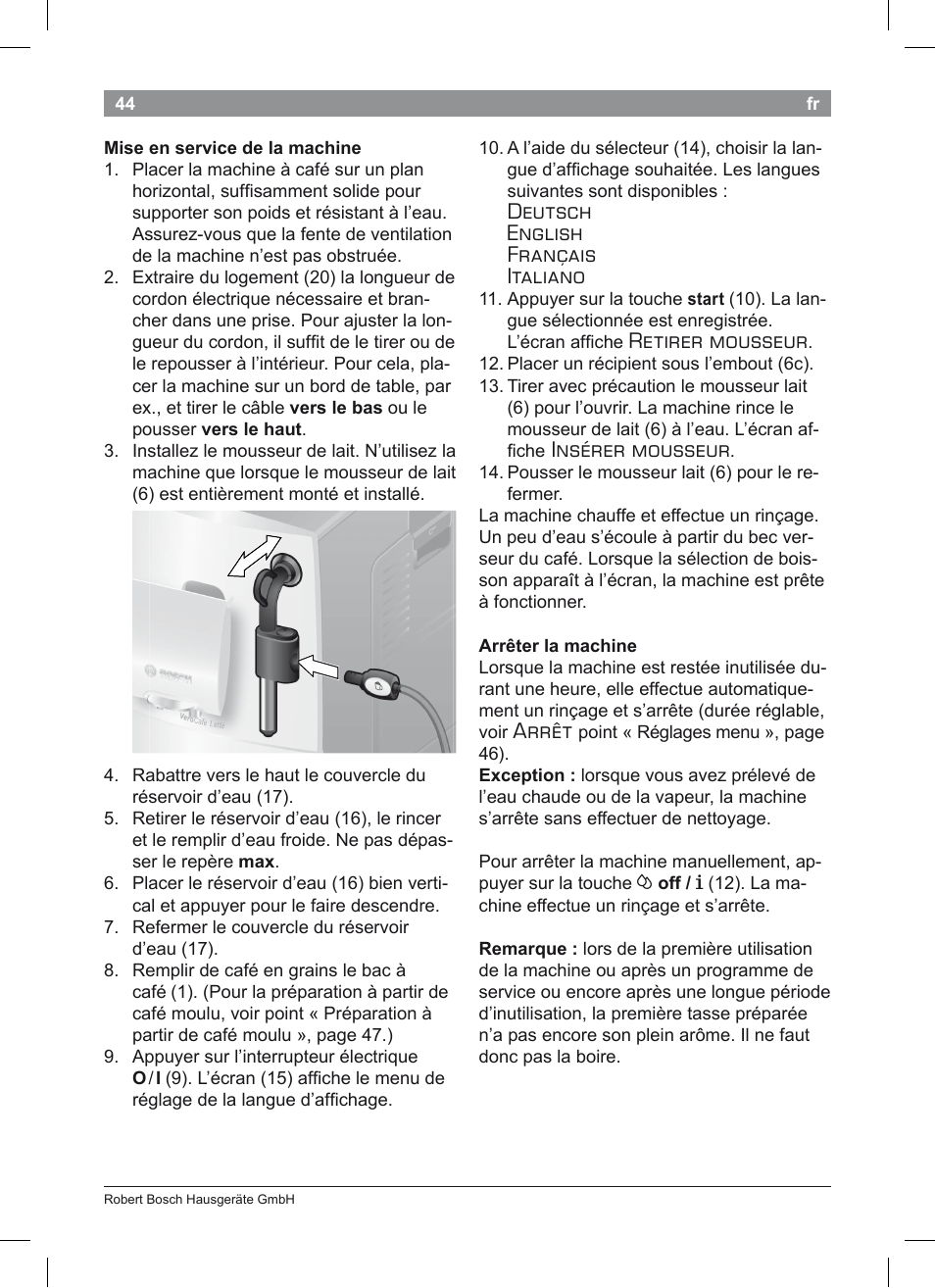 Deutsch english français italiano, Retirer mousseur, Insérer mousseur |  Bosch TES50351DE VeroCafe Latte Kaffeevollautomat Silber Pure Silver User  Manual | Page 48 / 88 | Original mode