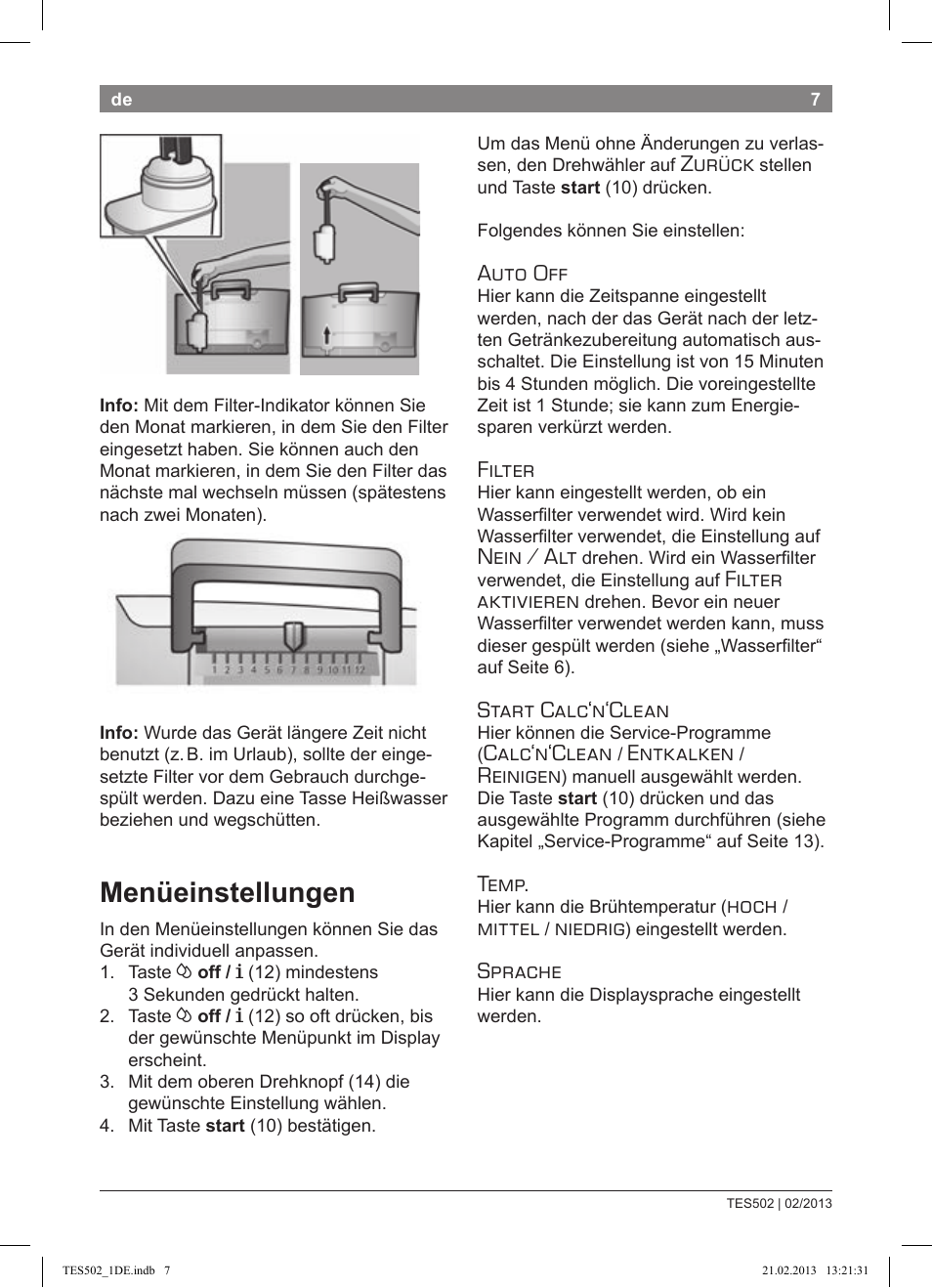 Menüeinstellungen, Zurück, Auto off | Bosch TES50251DE VeroCafe  Kaffeevollautomat silber User Manual | Page 11 / 88 | Original mode