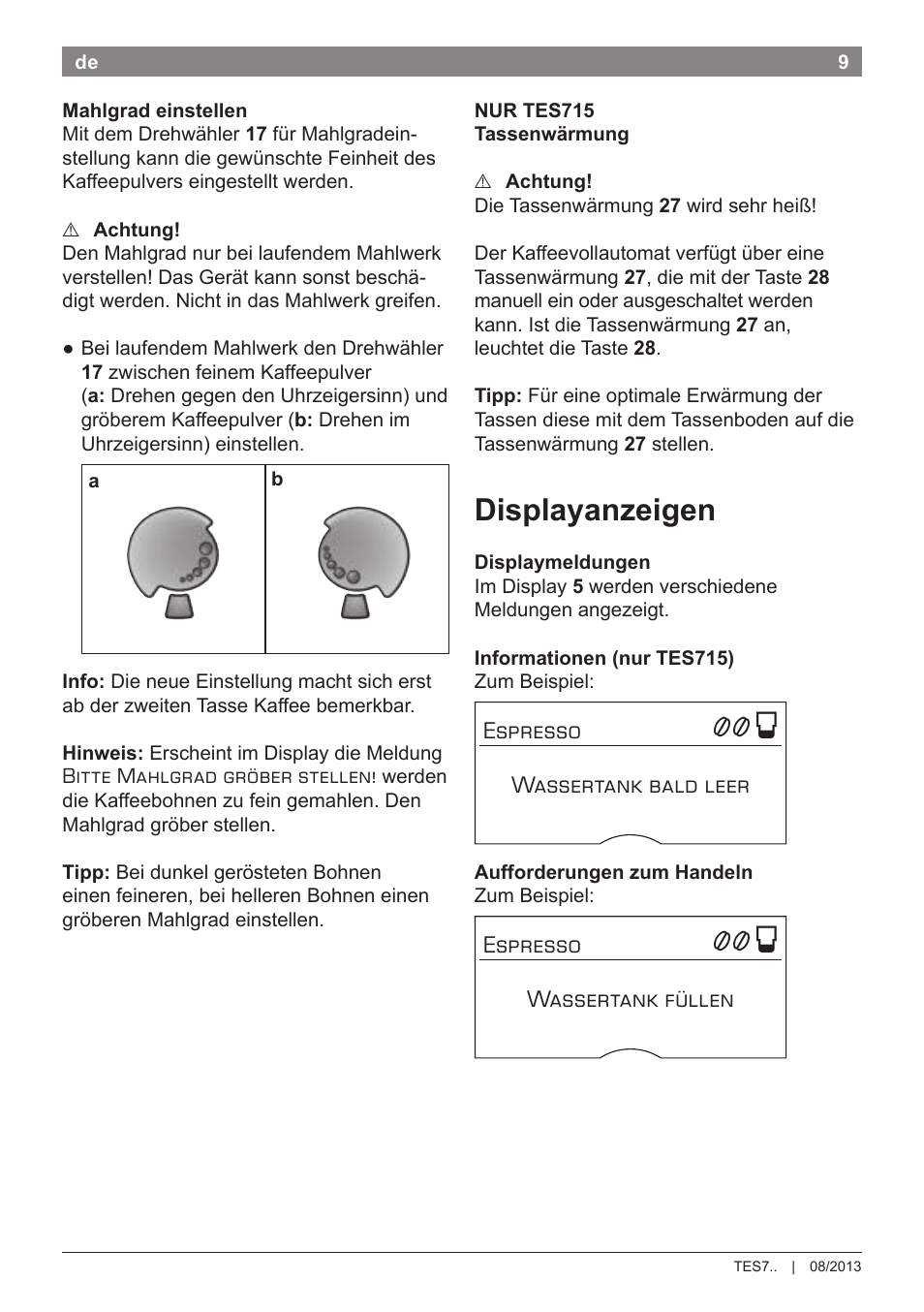 Displayanzeigen | Bosch TES71251DE VeroBar AromaPro 100 Kaffeevollautomat  silber User Manual | Page 13 / 116