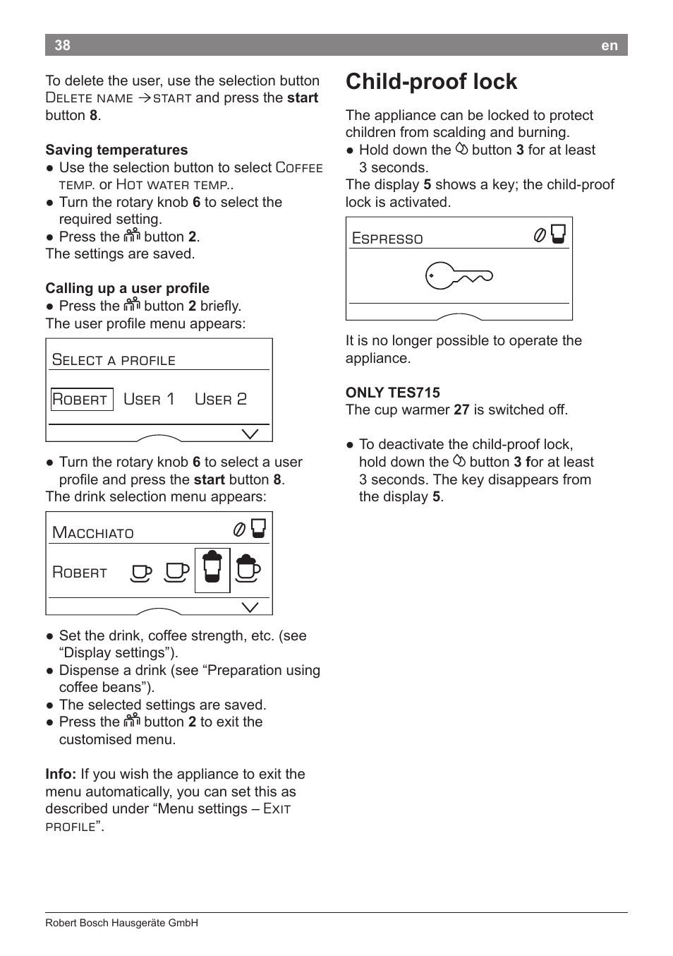 А б е ж, Child-proof lock | Bosch TES71251DE VeroBar AromaPro 100  Kaffeevollautomat silber User Manual | Page 42 / 116