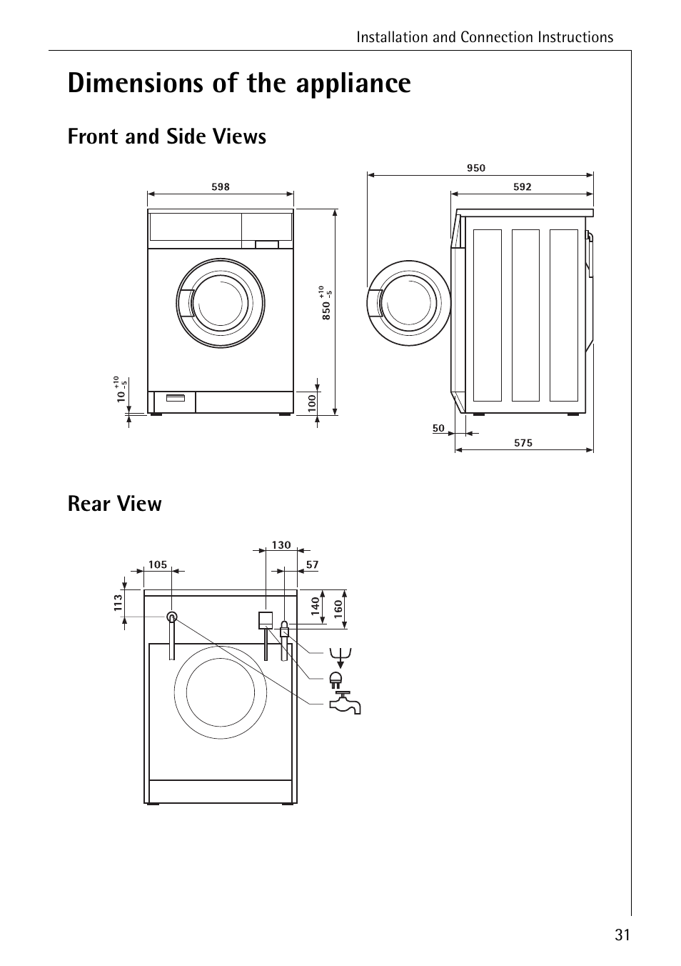 Dimensions of the appliance | AEG LAVAMAT W 1020 User Manual | Page 31 / 44
