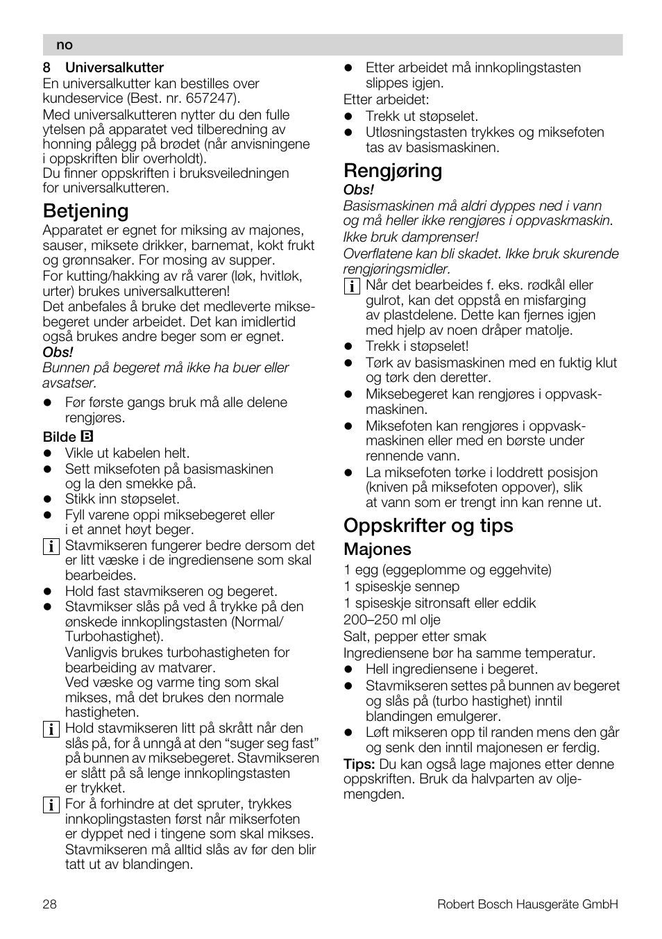 Betjening, Rengjøring, Oppskrifter og tips | Bosch MSM66110 Mixeur  plongeant blanc gris User Manual | Page 28 / 91 | Original mode