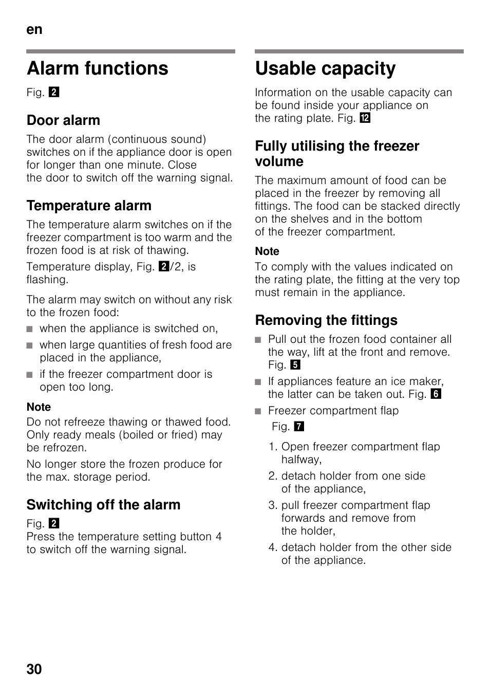 Alarm functions, Door alarm, Temperature alarm | Bosch GSN33VW30 User  Manual | Page 30 / 98