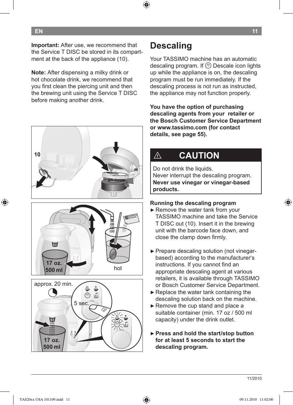 Descaling, Caution | Bosch TASSIMO T20 NOIR CAFE MULTIBOISSONS TAS2002 User  Manual | Page 13 / 58 | Original mode