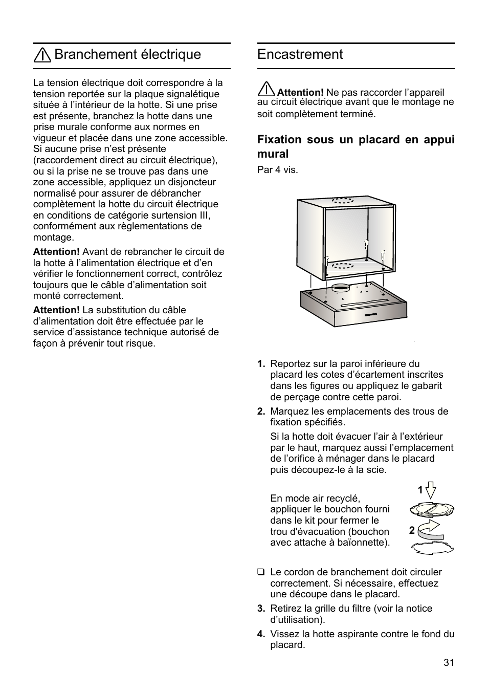 Branchement électrique, Encastrement | Bosch DHU625M - inox Hotte classique  60 cm User Manual | Page 31 / 114