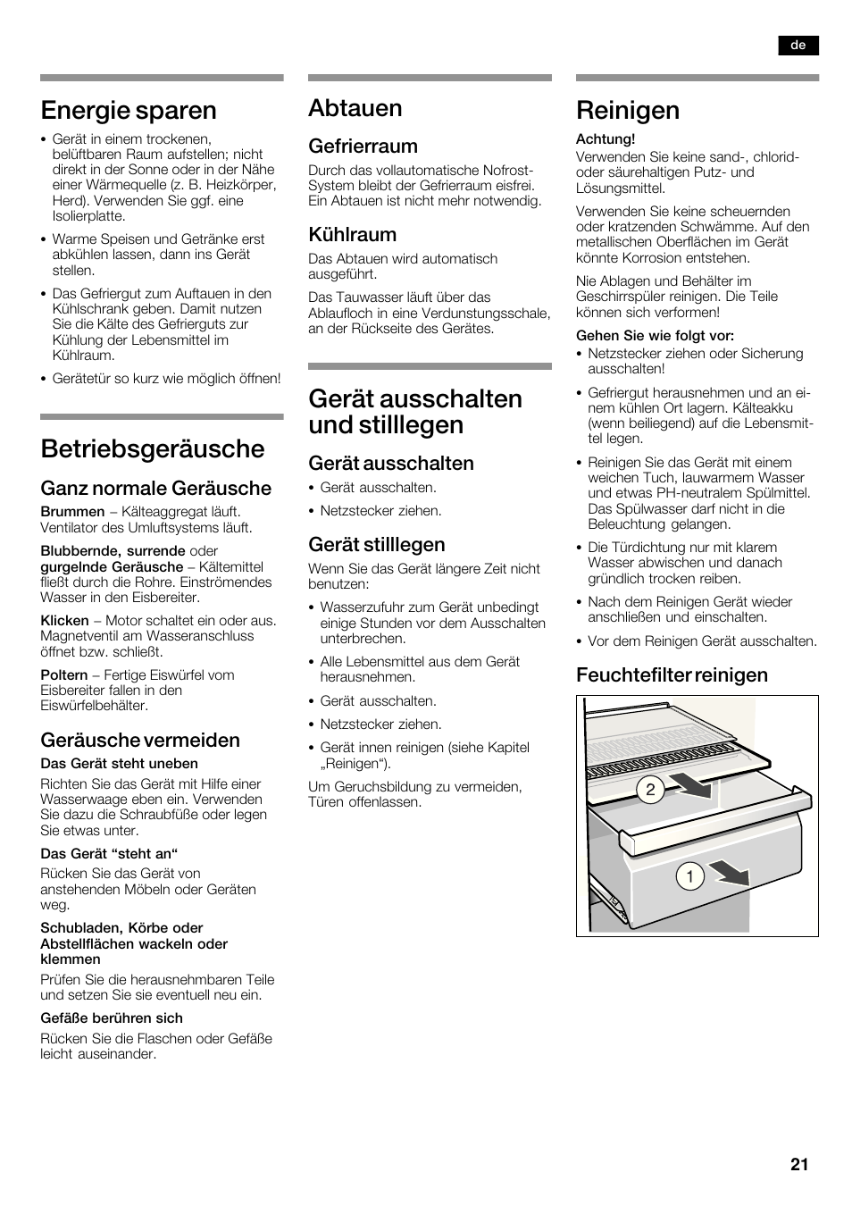 Energie sparen, Betriebsgeräusche, Gerät ausschalten und stilllegen | Bosch  KAD62S51 Réfrigérateur-congélateur américain Premium User Manual | Page 21  / 114