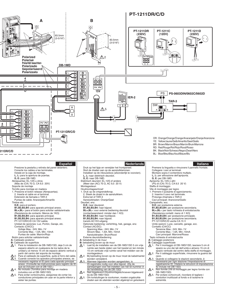 Da-1ds db-1md db-1sd, Pt-1211dr/c/d, L l d e | Aiphone DA-1DS User Manual |  Page 5 / 8 | Original mode