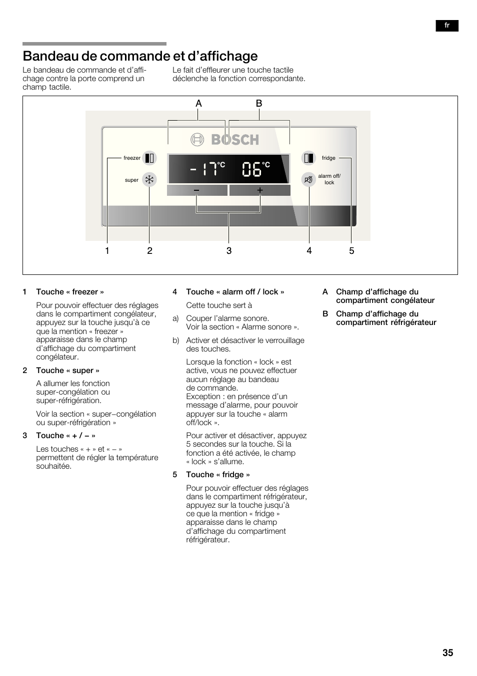 Bandeau de commande et d'affichage | Bosch KAN62V40 Frigo-congelatore Side  by Side Inox look User Manual | Page 35 / 71