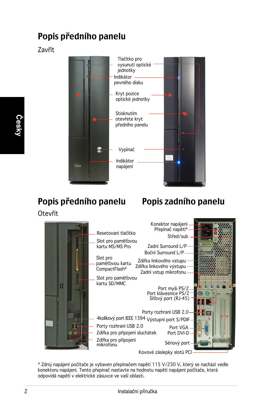 Popis předního panelu popis zadního panelu, Popis předního panelu, Česky |  Asus PC (Desktop Barebone) P2-P5945G User Manual | Page 58 / 80 | Original  mode