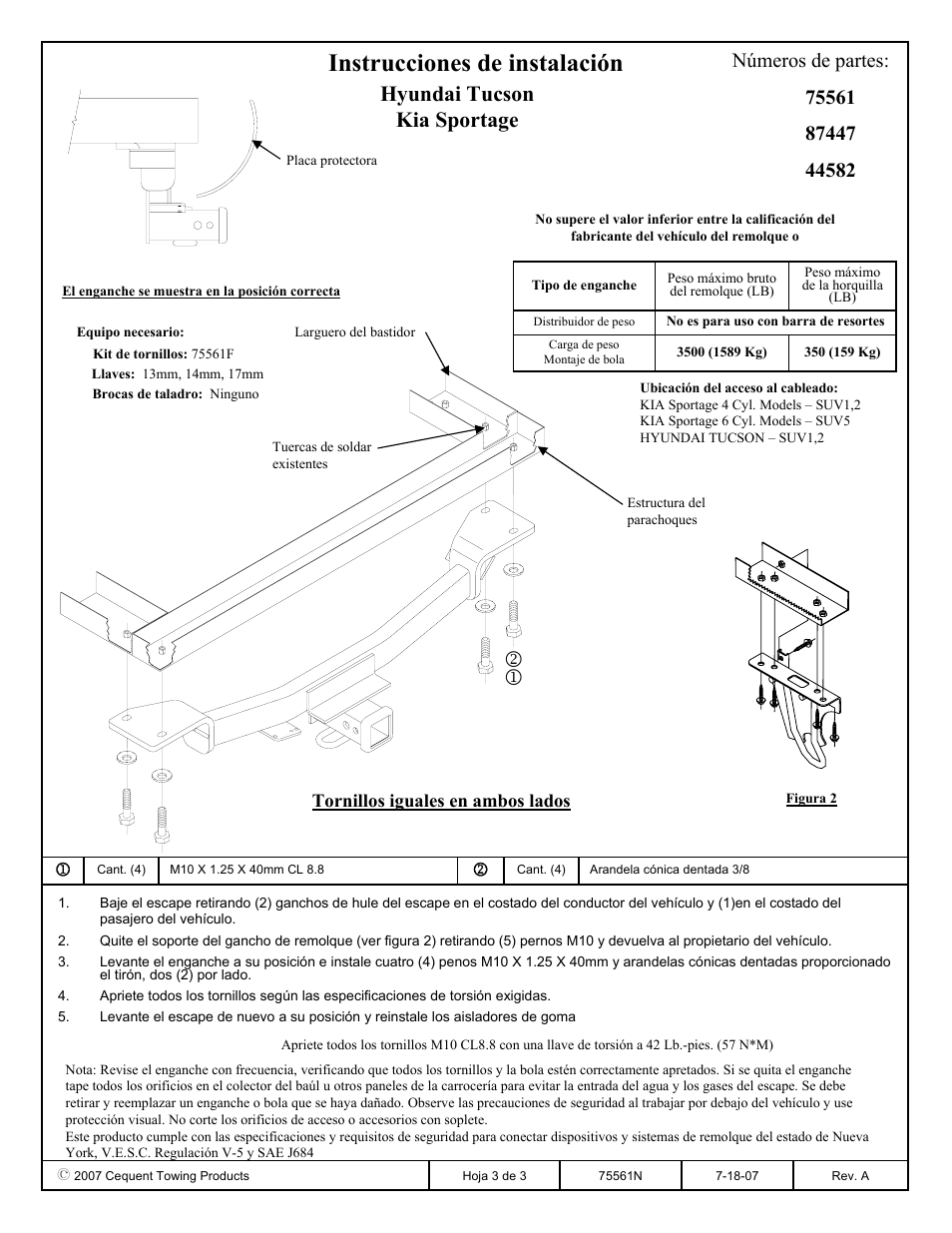 Instrucciones de instalación, Hyundai tucson kia sportage, Números de  partes | Reese 44582 PROFESSIONAL RECEIVER User Manual | Page 3 / 3
