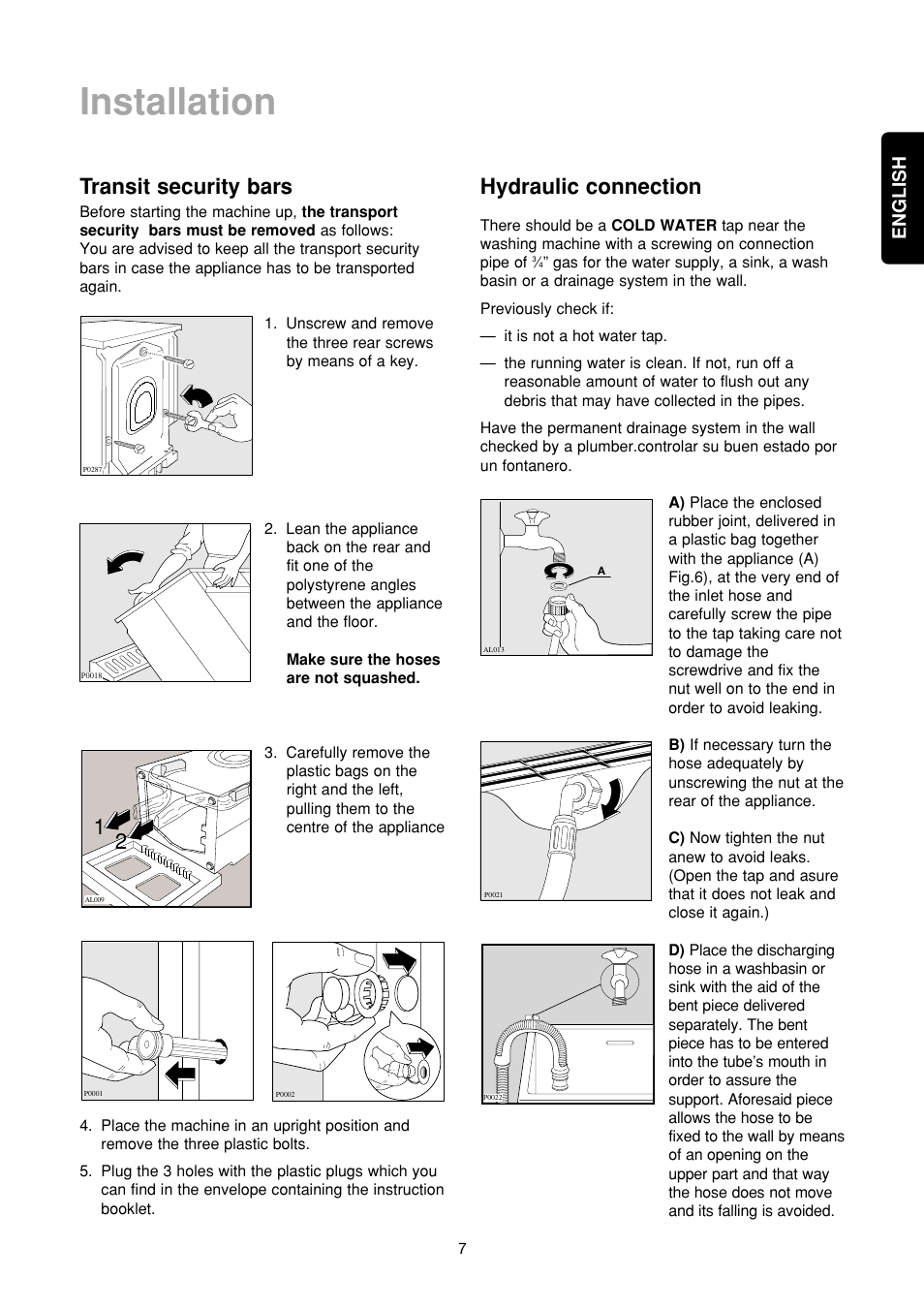 Installation, Transit security bars, Hydraulic connection | Zanussi FA 523  User Manual | Page 7 / 42 | Original mode