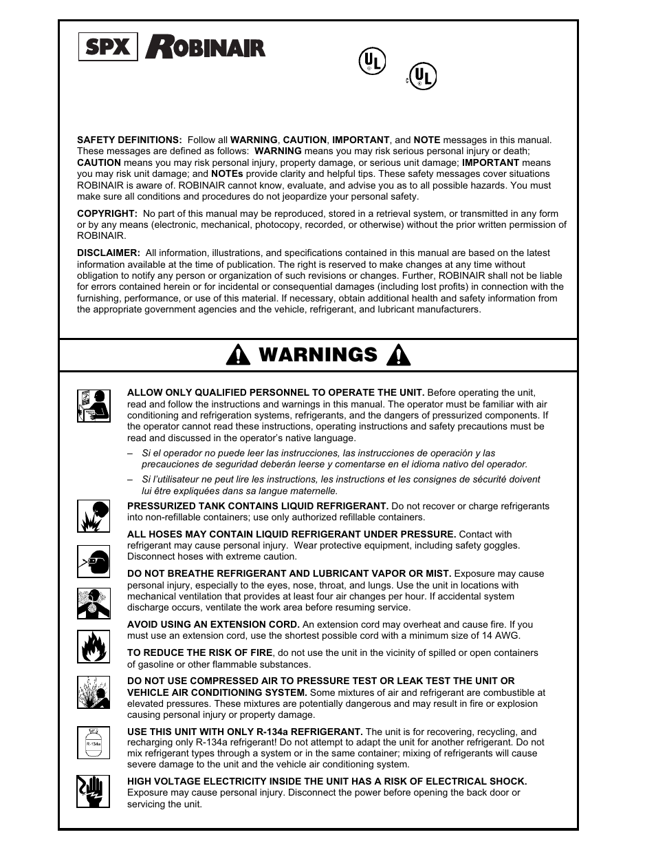 Warnings | Robinair 34134Z Refrigerant Recovery, Recycle, Recharge Unit ...